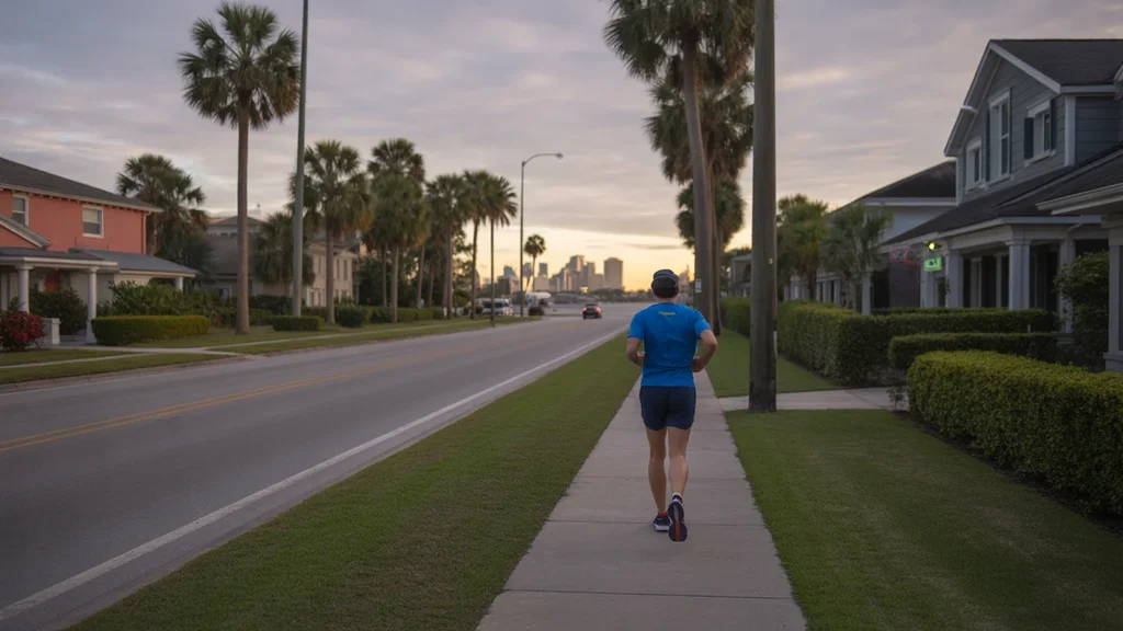Person jogging on Tampa sidewalk with city skyline view