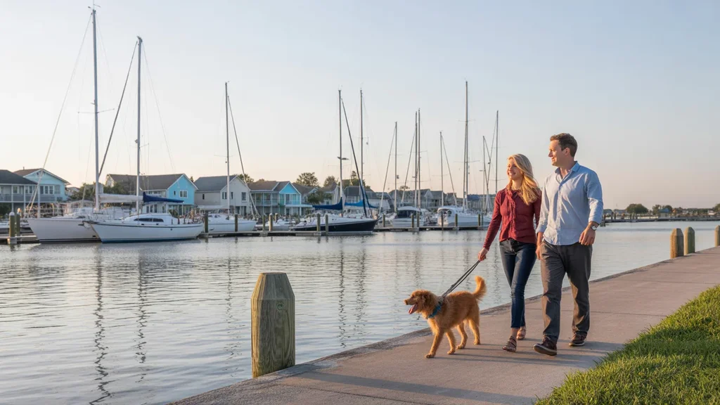 Couple walking dog on League City waterfront at sunset