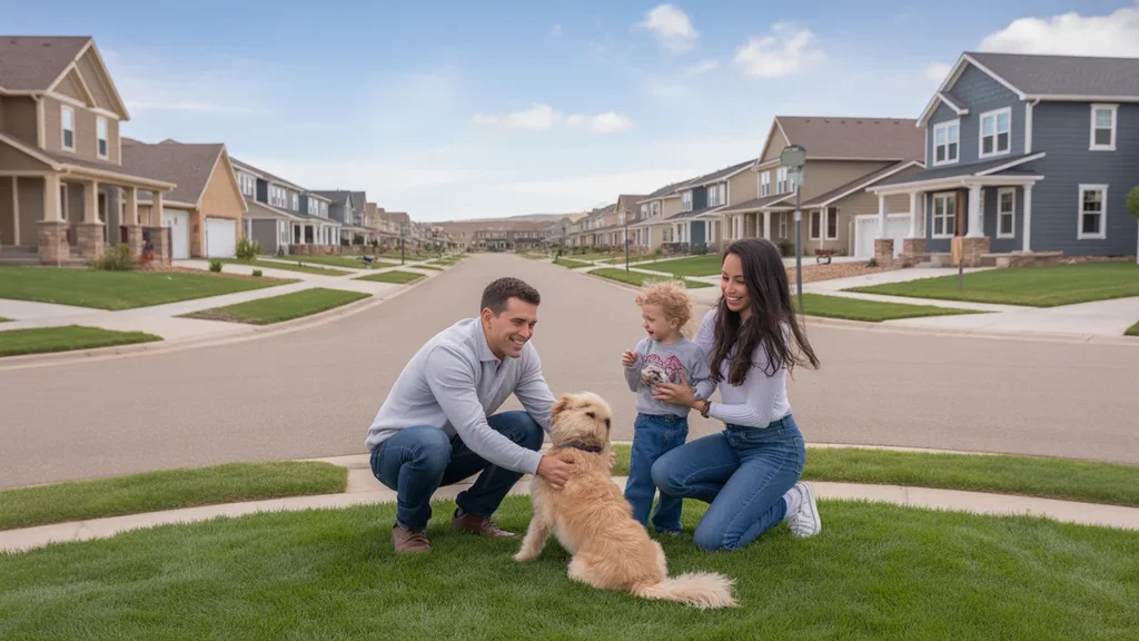 Family playing with dog in front yard of Thornton CO home