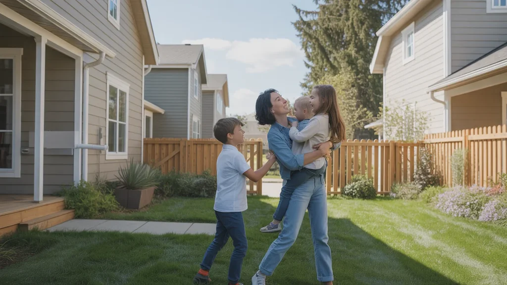 Family enjoying the backyard of their new house in Tigard
