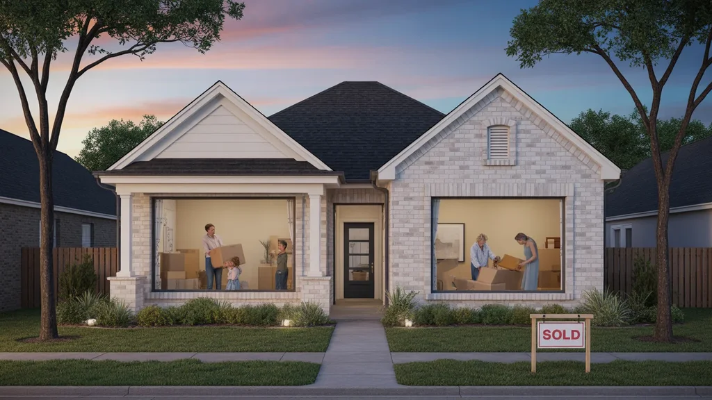 New home with sold sign in front yard in tranquil Katy, Texas neighborhood