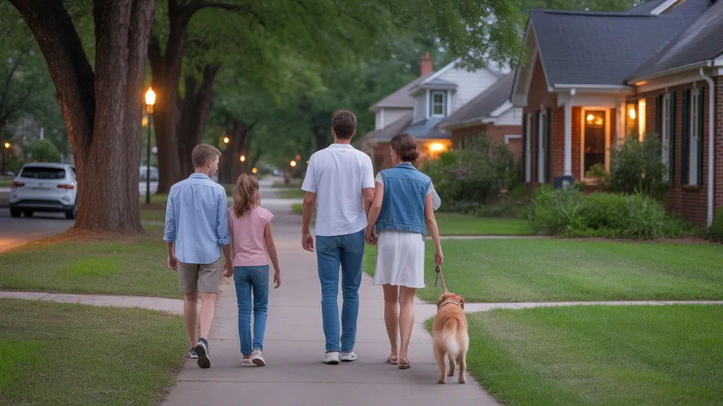 Family walking their dog in a Marietta neighborhood at dusk