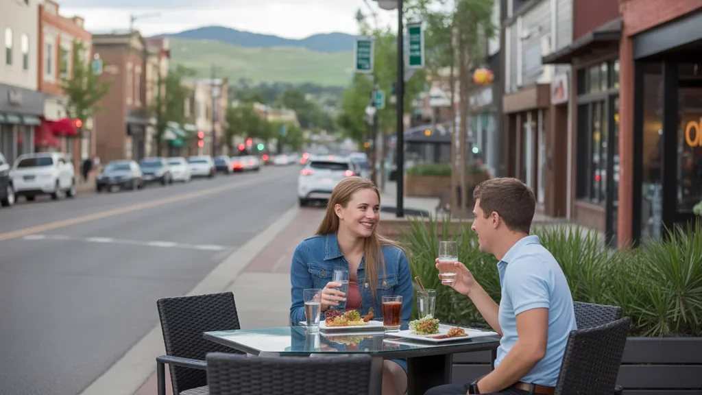 Couple dining on restaurant patio along walkable mixed-use street in Lakewood, Colorado