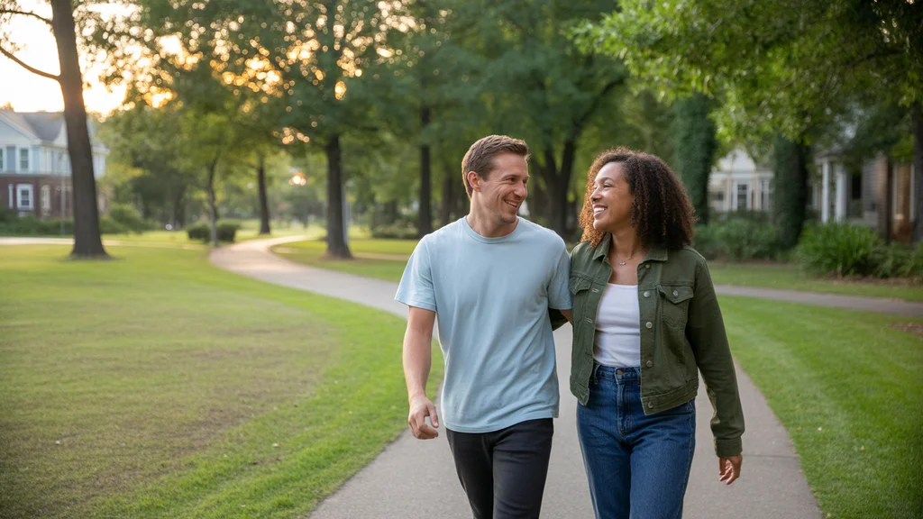 Friends enjoy a golden hour walk through a scenic public park in Hermitage