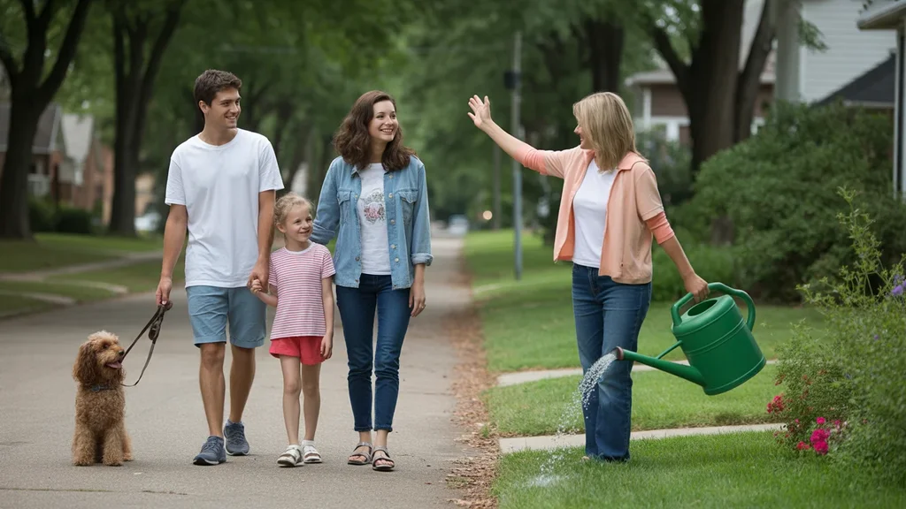Family walking dog and greeting neighbor on residential street in Winchester, KY.