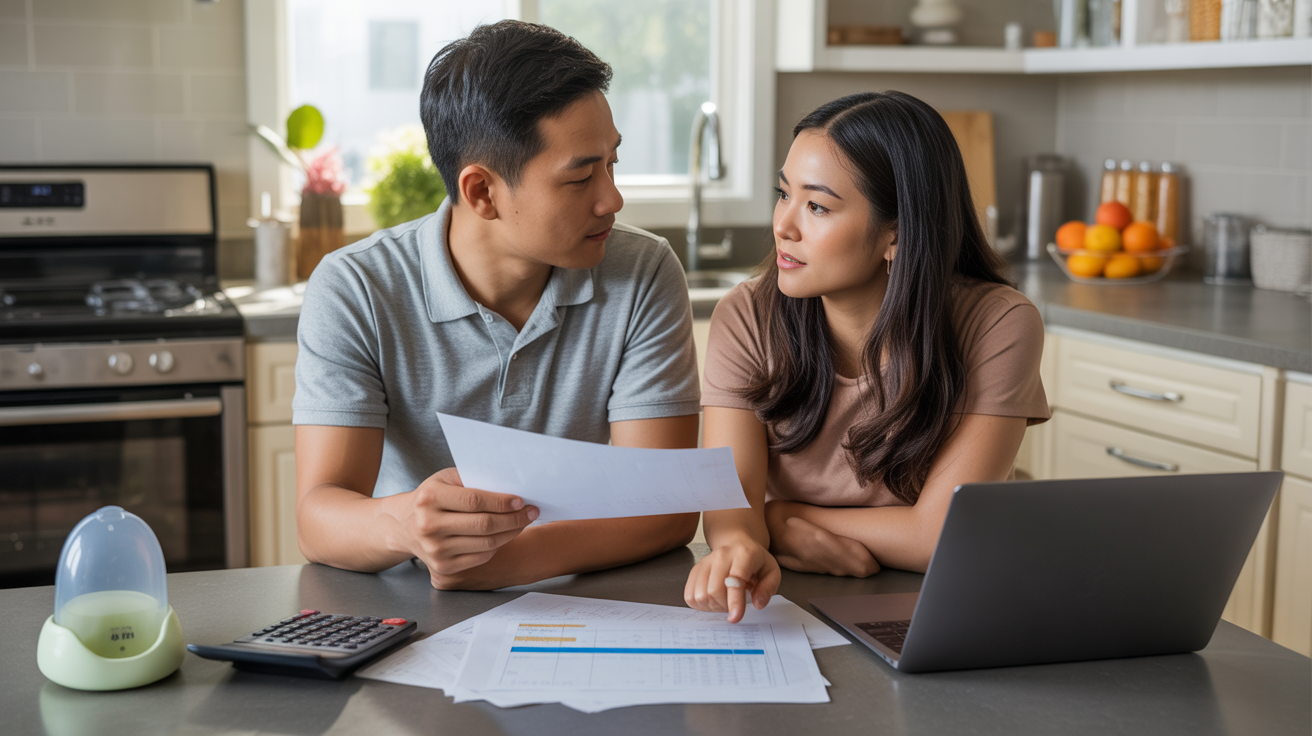 A couple discusses housing options at their kitchen table in Westminster, CA