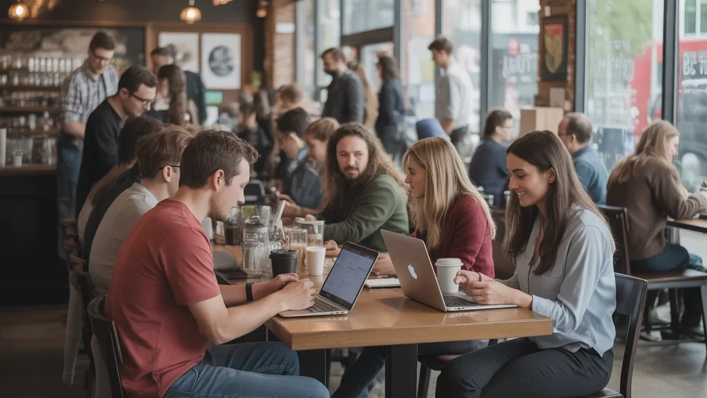 Busy local coffee shop with diverse crowd in Oklahoma City