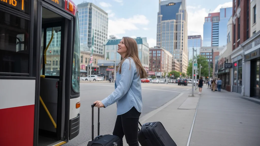 Young professional arriving in downtown Nashville, TN with suitcase