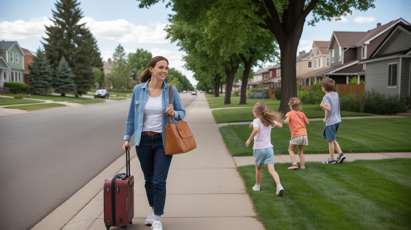 Woman arriving in Arvada neighborhood with suitcase, taking in surroundings