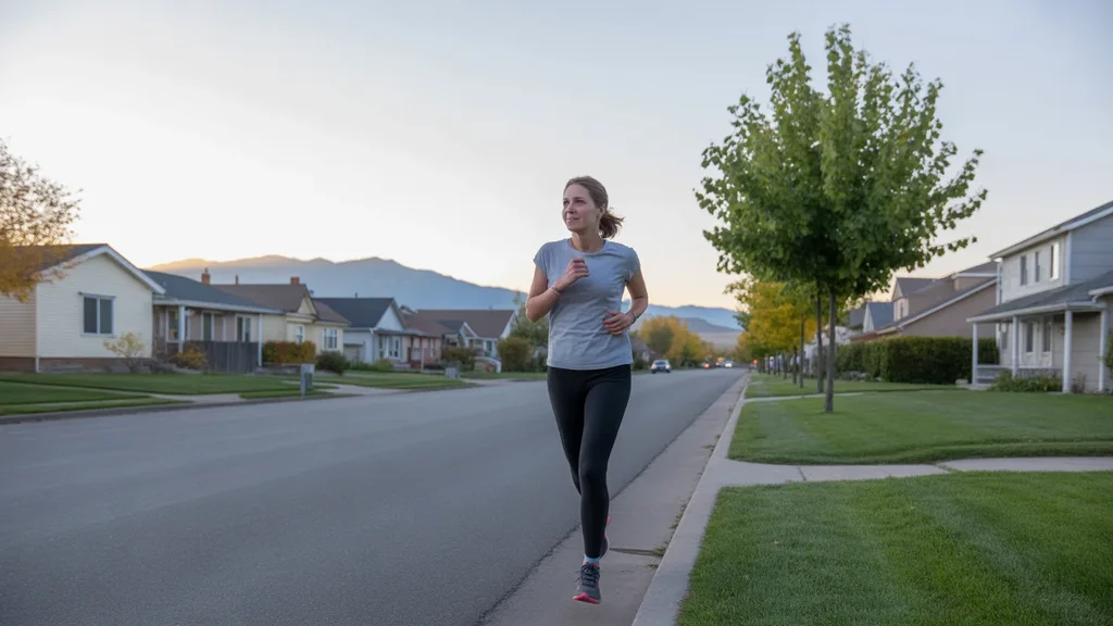 Woman pauses while jogging through a neighborhood in Taylorsville, Utah