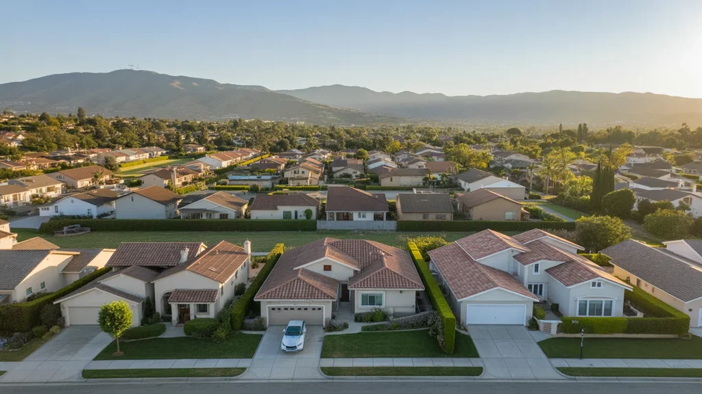 Aerial view of Chino Hills neighborhood at sunset with mountains in background