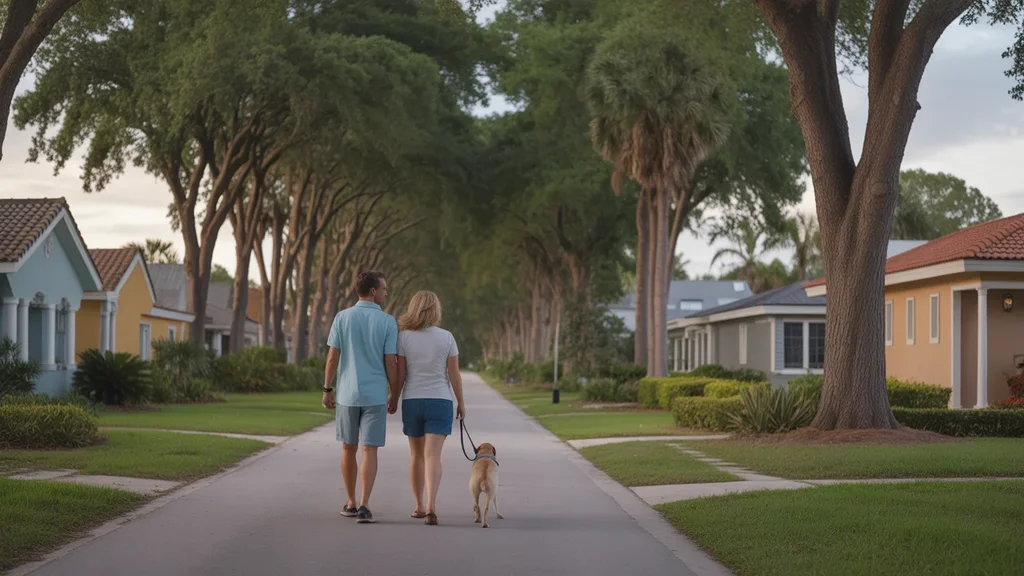 A couple takes an evening walk with their dog through a tranquil Lakeland neighborhood