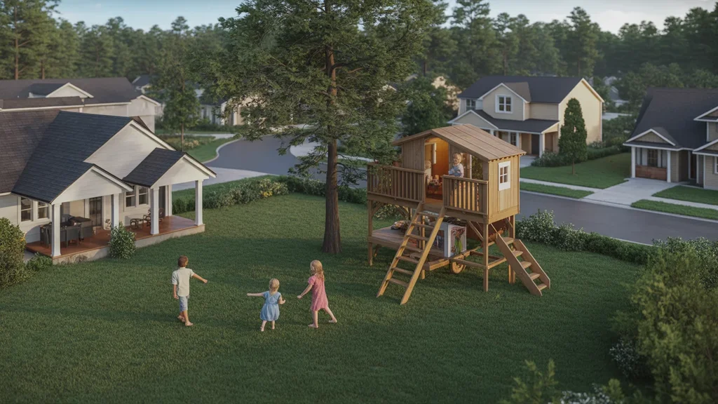 Aerial view of a family playing in the backyard of their Douglasville home