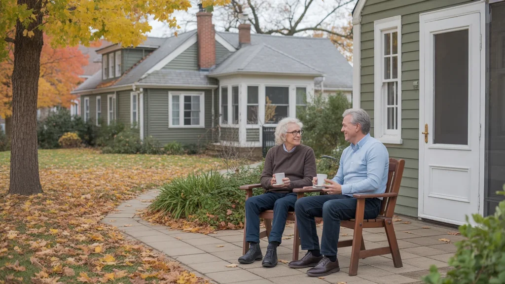 Older couple drinking coffee on patio of Georgetown home in fall