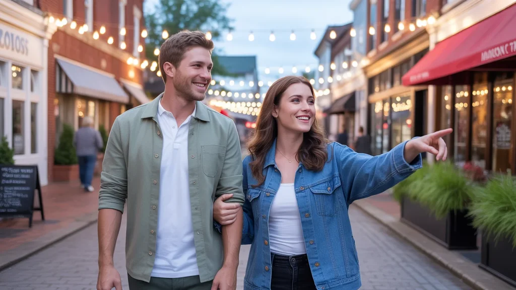 Friends enjoying an evening walk down Madison's Main Street, browsing local shops and eateries.
