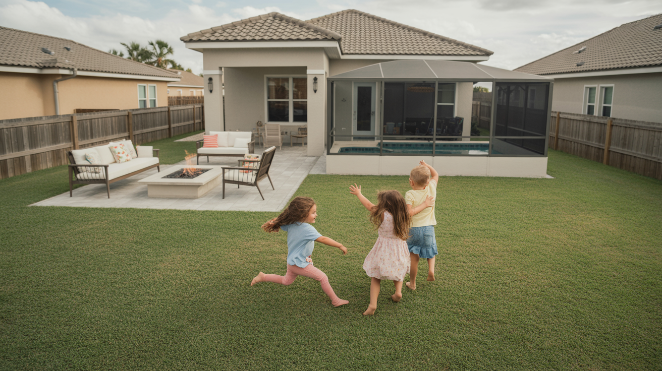 Family enjoying large backyard of Kissimmee home