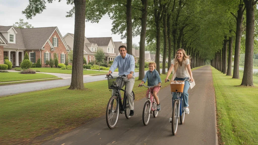 A family bikes along a beautiful trail in the upscale Nashville suburb of Brentwood.