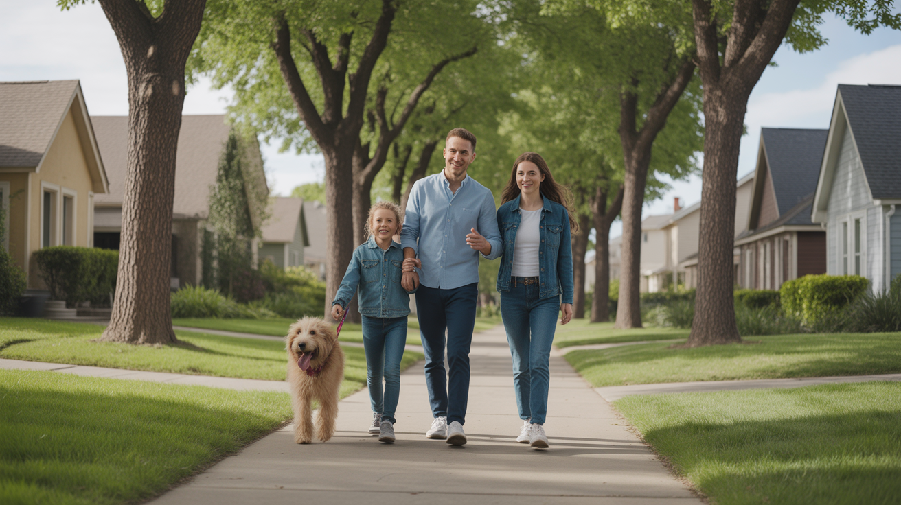 Family walking dog in peaceful Centennial neighborhood with mature trees and landscaping