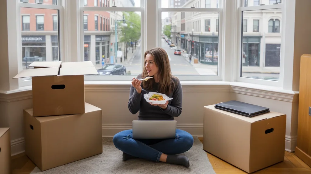 A woman eats takeout on the floor while unpacking in her new Boulder apartment