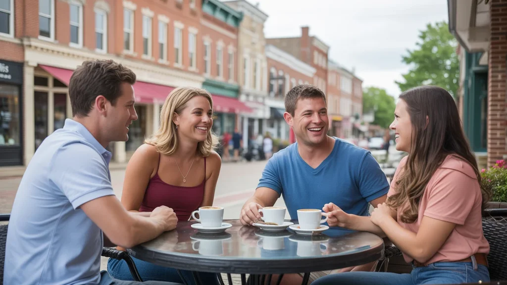 Friends having coffee at outdoor cafe in quaint downtown Versailles KY