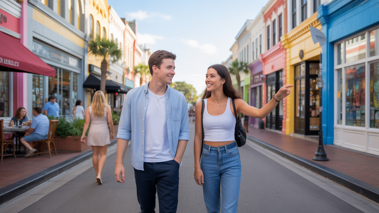 Friends explore a walkable mixed-use neighborhood in Orlando, FL