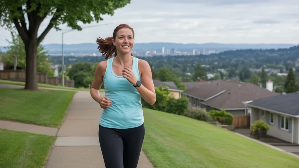 Woman jogging on Hillsboro sidewalk pauses to look at city view