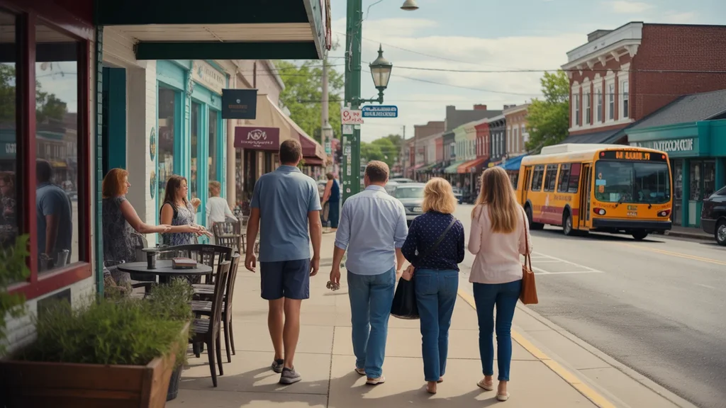 Busy shopping district on Antioch's main street, with local businesses and a bus passing by