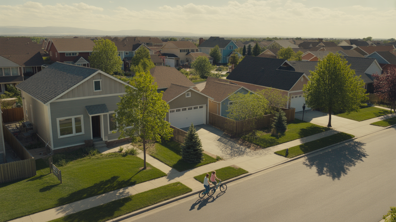 Aerial view of a residential Thornton neighborhood with a family biking