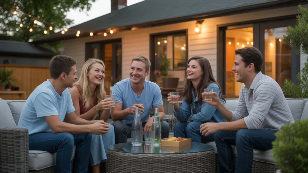Friends enjoy drinks on the patio of an affordable bungalow home in Gresham, Oregon