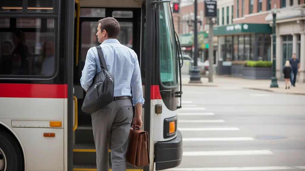 Man getting off bus with briefcase in downtown Joliet, IL