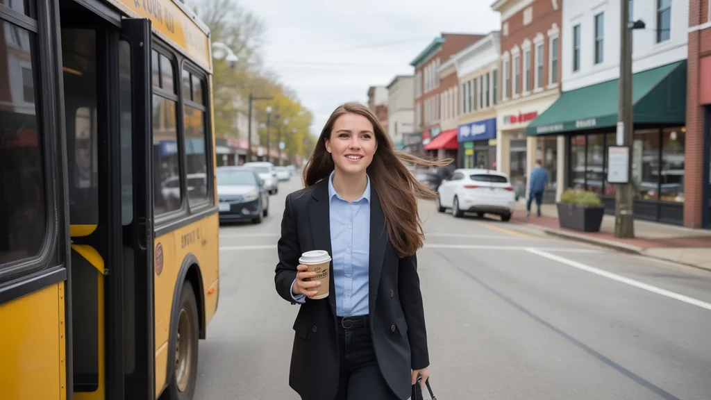 A young woman exits a bus in Antioch, TN and walks to work past local shops on a busy street.
