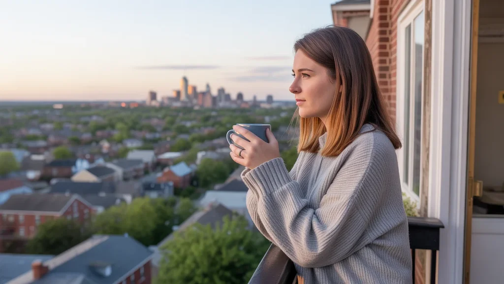 Woman considers cost of living while admiring Winchester skyline view from her apartment balcony