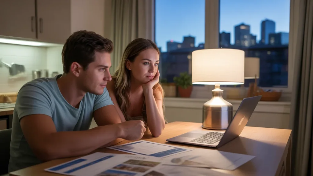Couple searches Aurora real estate listings on laptop late at night, surrounded by paperwork.