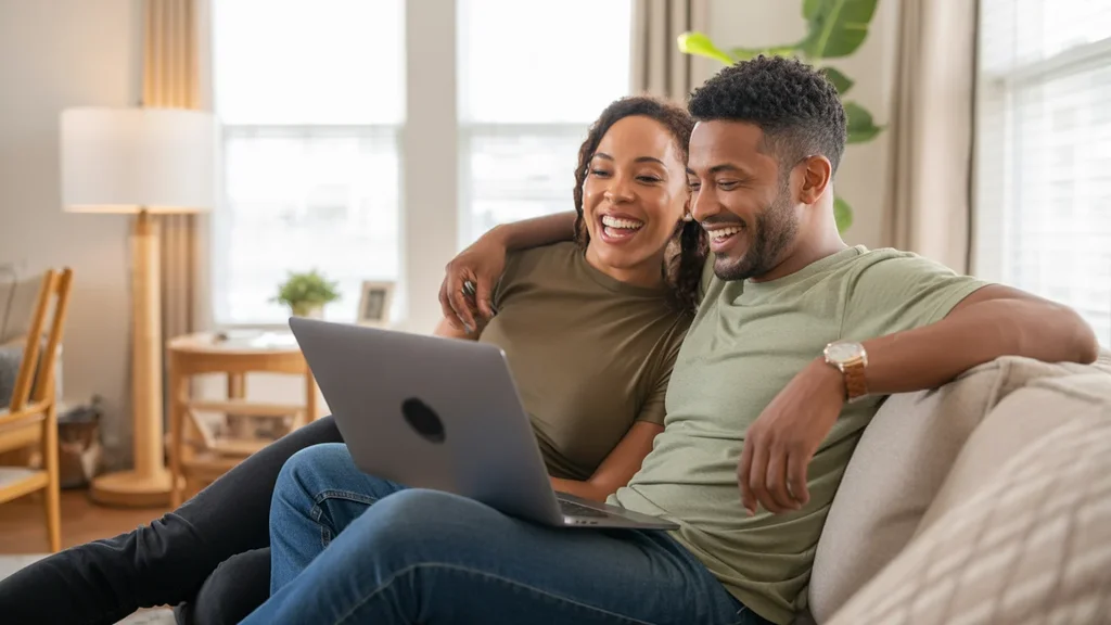 Couple searches rental listings in their West Valley City apartment