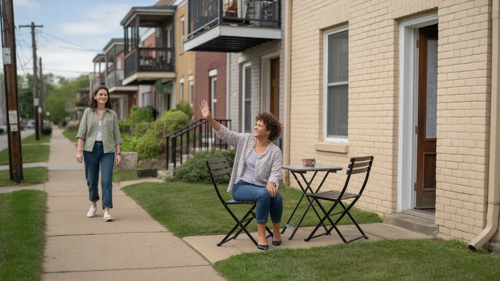 Woman setting up chair on apartment patio in Nicholasville, Kentucky