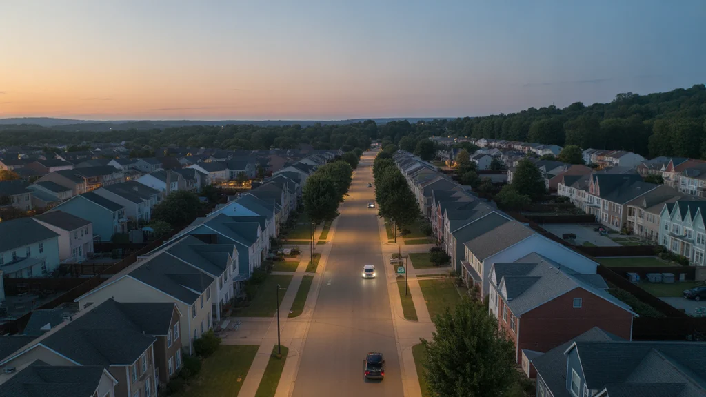 Aerial view of an Antioch neighborhood at dusk, showing a mix of housing types