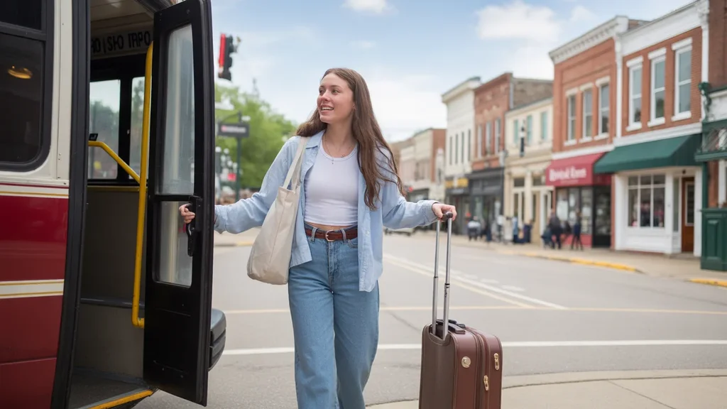 A woman arrives by bus to the charming downtown area of Nicholasville, KY