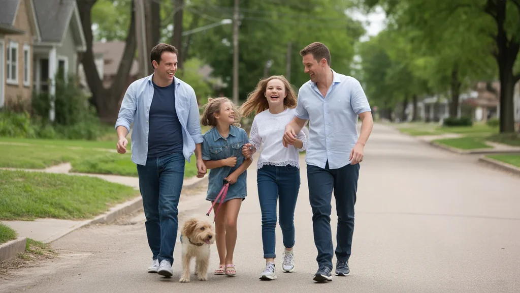 Family walking dog on residential street in Joliet on weekend morning