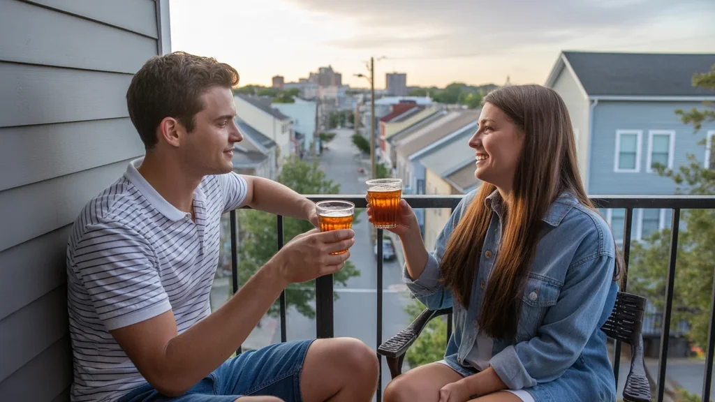 Couple relaxing on apartment balcony at sunset with Apex skyline view