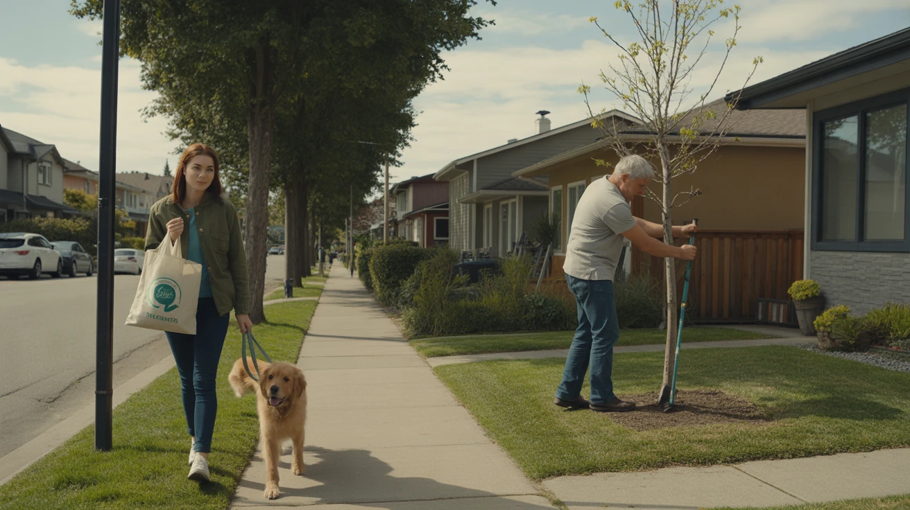 Partly cloudy day on a Seattle sidewalk, a woman walks her dog past a man gardening in his yard, modest modern Pacific Northwest style homes line the street.