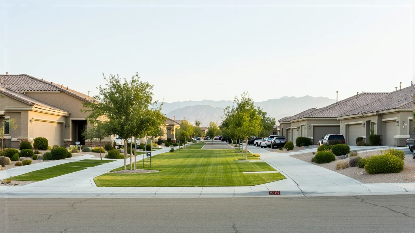A manicured neighborhood park with a path and empty bench, seen from across a suburban street in Henderson, Nevada.