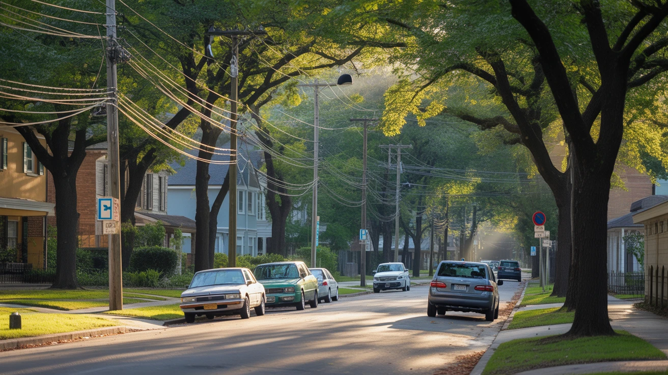Sunlit street in Houston, Texas with utility lines and maple trees