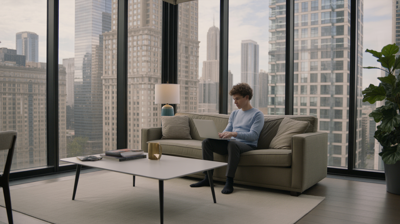 Young professional works on laptop in modern Chicago high-rise apartment with city view