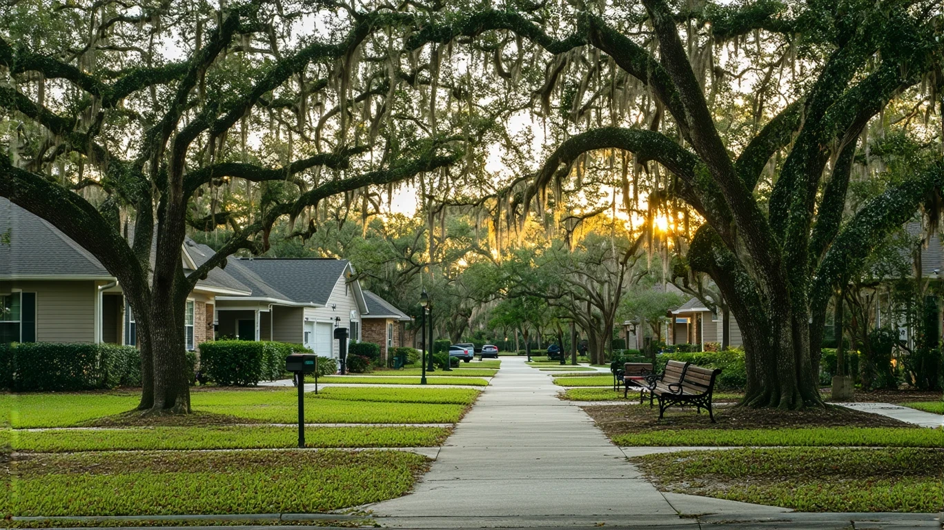 A serene neighborhood park with oak trees and empty benches in Winter Garden, Florida.