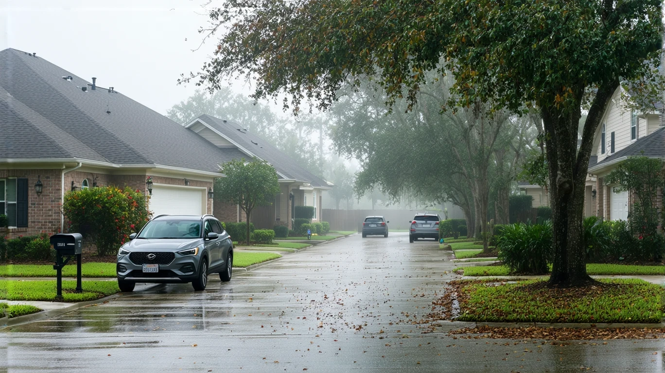 A foggy fall morning on a residential street in Kissimmee, Florida with an older sedan parked under a maple tree.