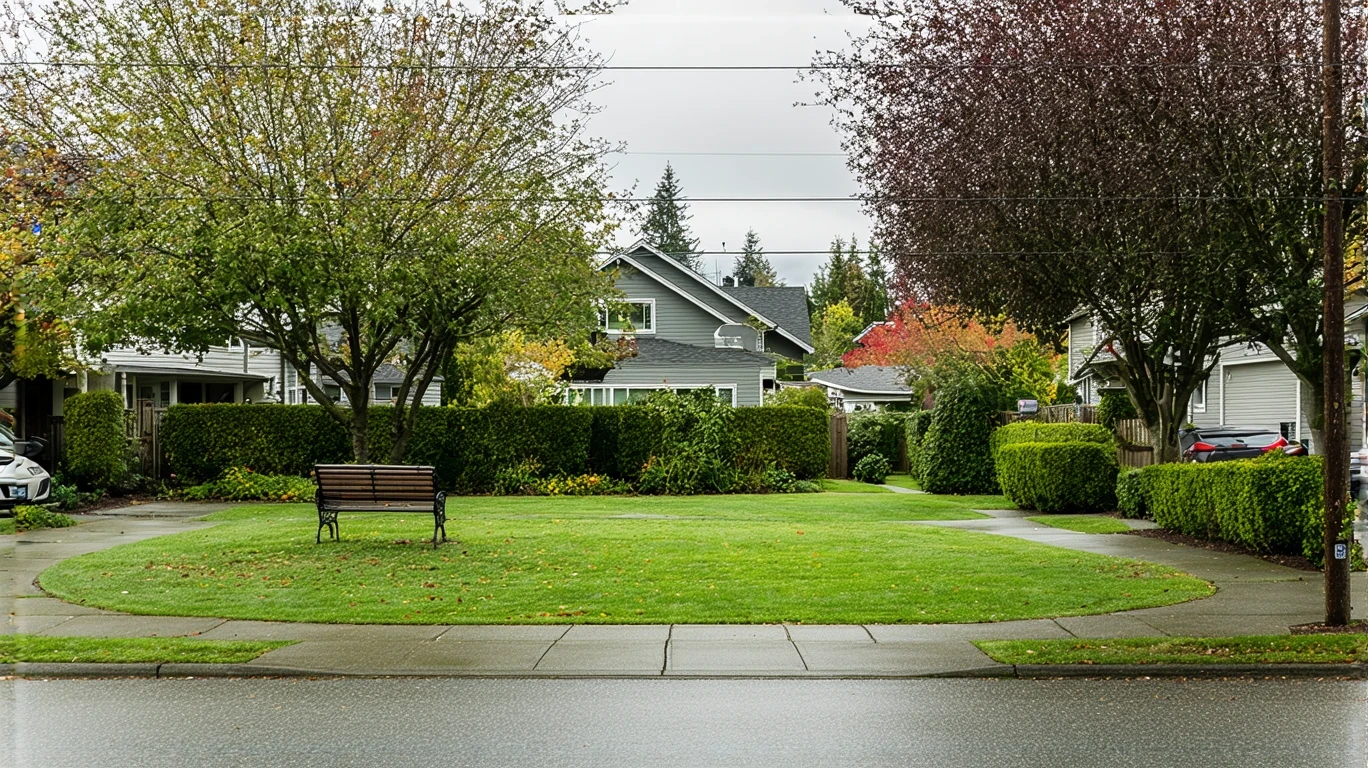 A tidy neighborhood park in Seattle with a path, bench, and lawn, seen from across a residential street.
