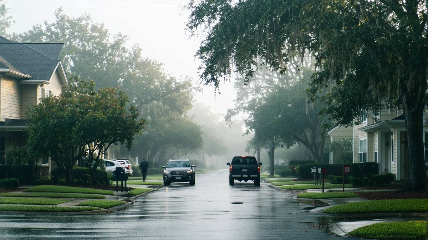 A foggy morning on an Orlando residential street, with an older car parked under a tree.