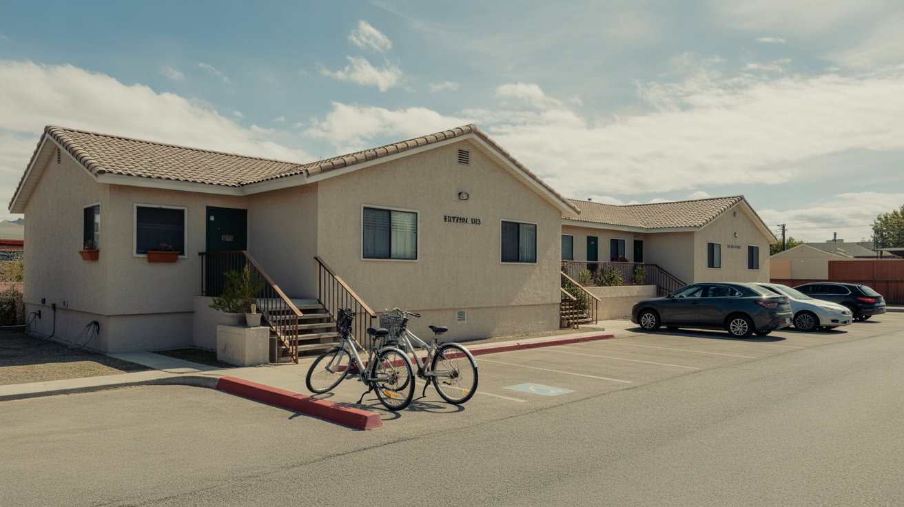 An apartment building in Enterprise, Nevada with potted plants and bicycles by the doors
