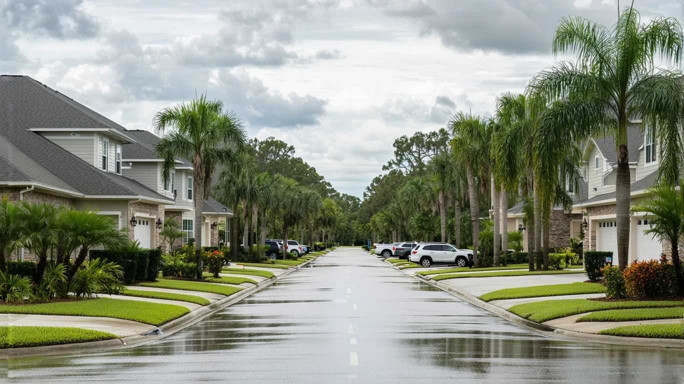 A suburban street in Brandon, Florida with wet pavement and palm tree reflections after a rain shower