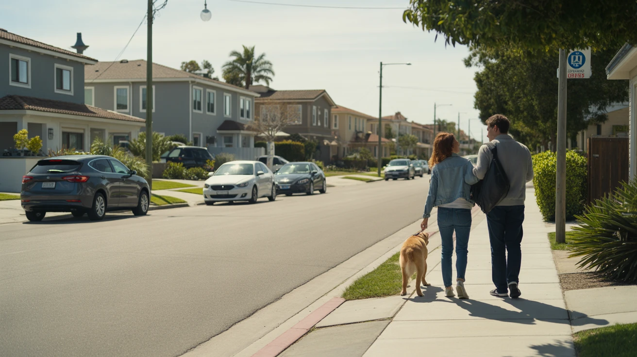 A sunny residential street in San Diego lined with modern single-family homes and landscaped yards. A couple walks their dog on the sidewalk.